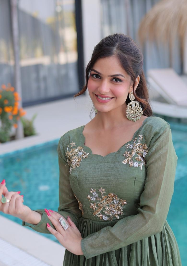 Sea Green Embroidered Silk Blend Anarkali - Indya