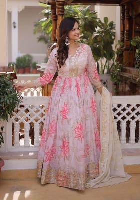 Pink Embroidered Silk Blend Anarkali With Dupatta