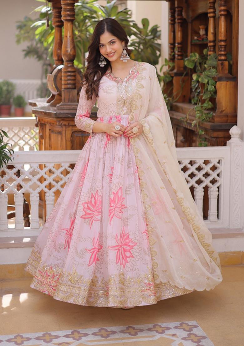 Pink Embroidered Silk Blend Anarkali With Dupatta - Indya