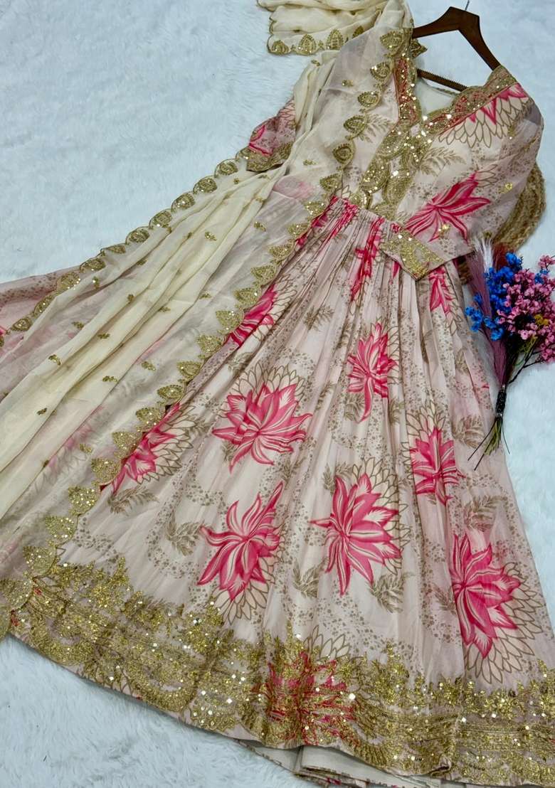 Pink Embroidered Silk Blend Anarkali With Dupatta - Indya