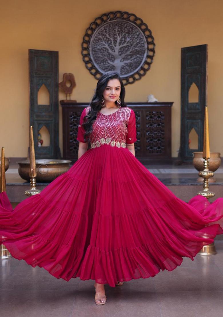 Maroon Embroidered Georgette Anarkali - Indya