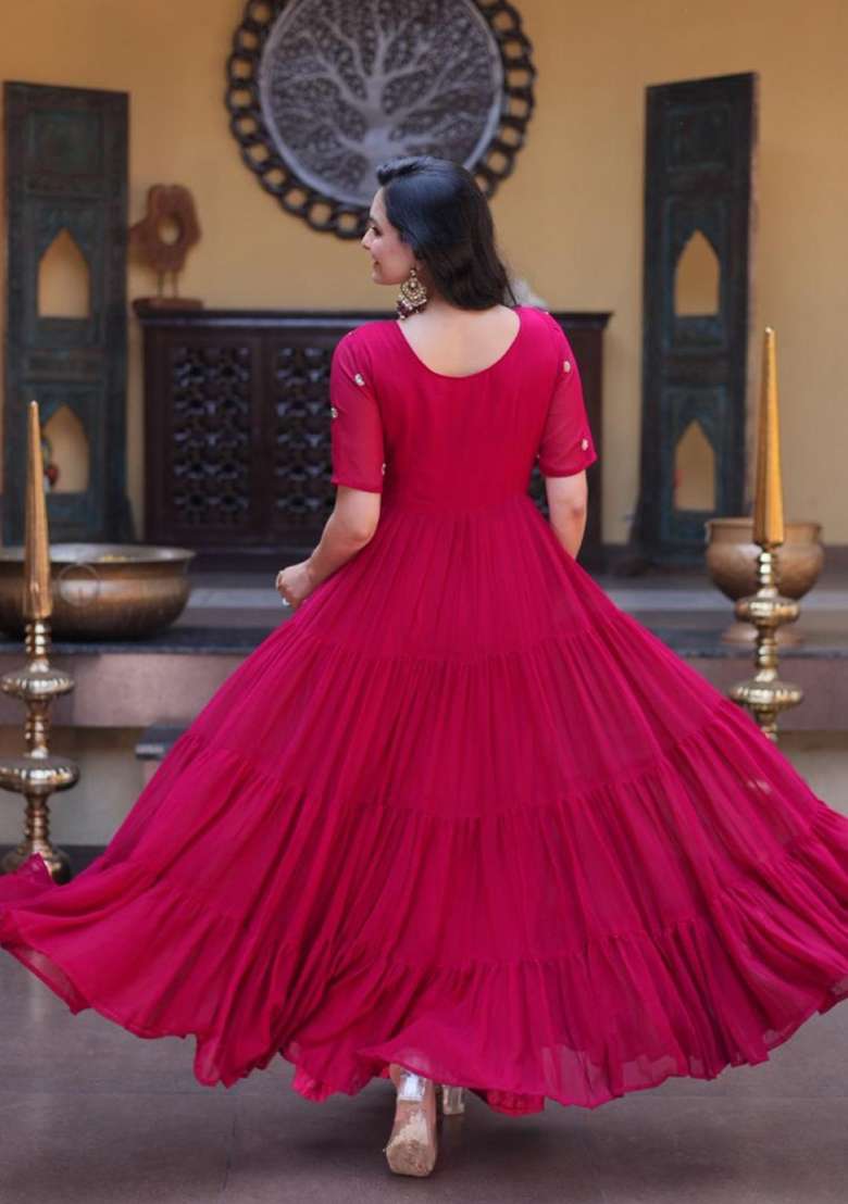 Maroon Embroidered Georgette Anarkali - Indya