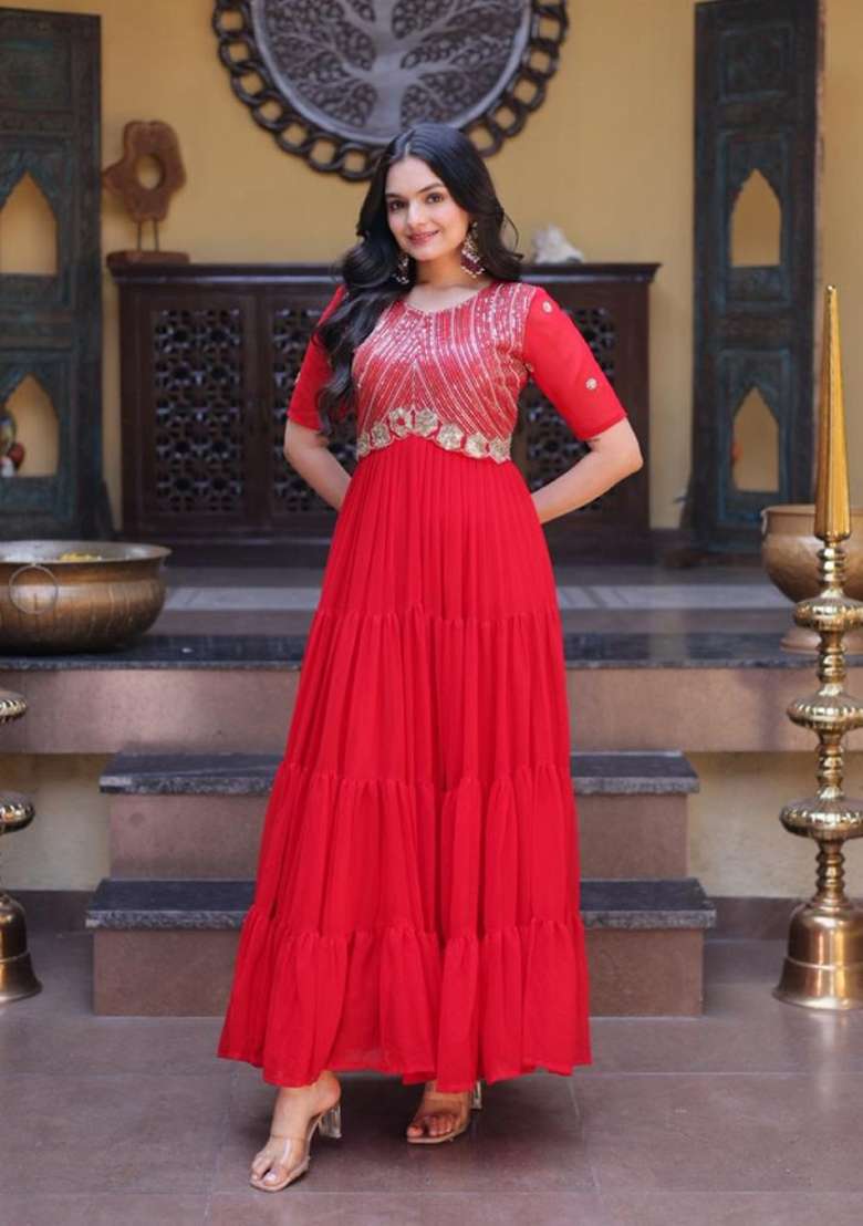 Red Embroidered Georgette Anarkali - Indya