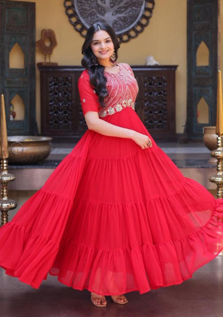 Red Embroidered Georgette Anarkali - Indya