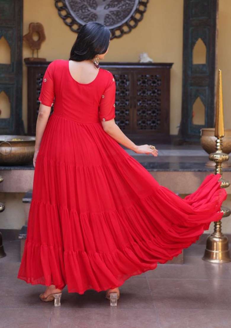 Red Embroidered Georgette Anarkali - Indya