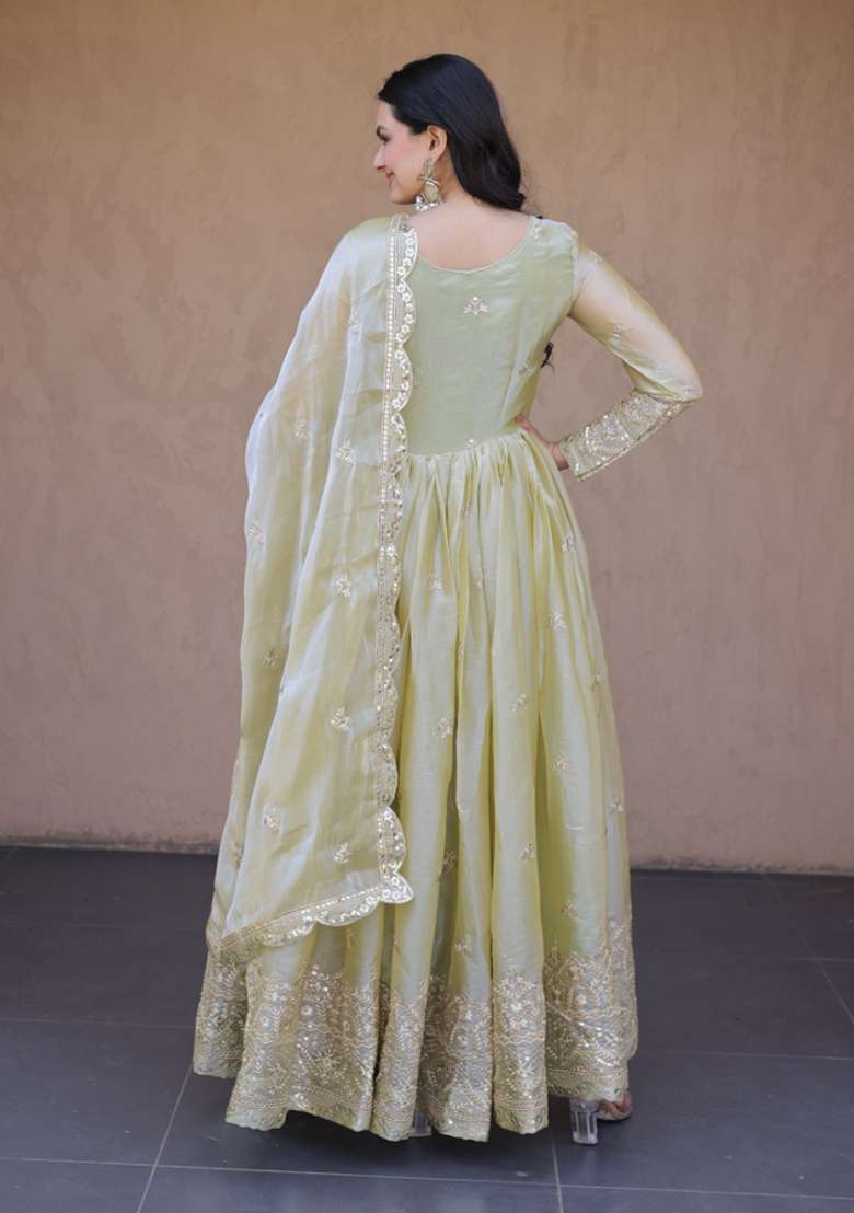 Green Embroidered Silk Blend Anarkali With Dupatta - Indya