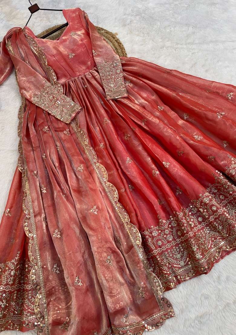 Peach Embroidered Silk Blend Anarkali With Dupatta - Indya