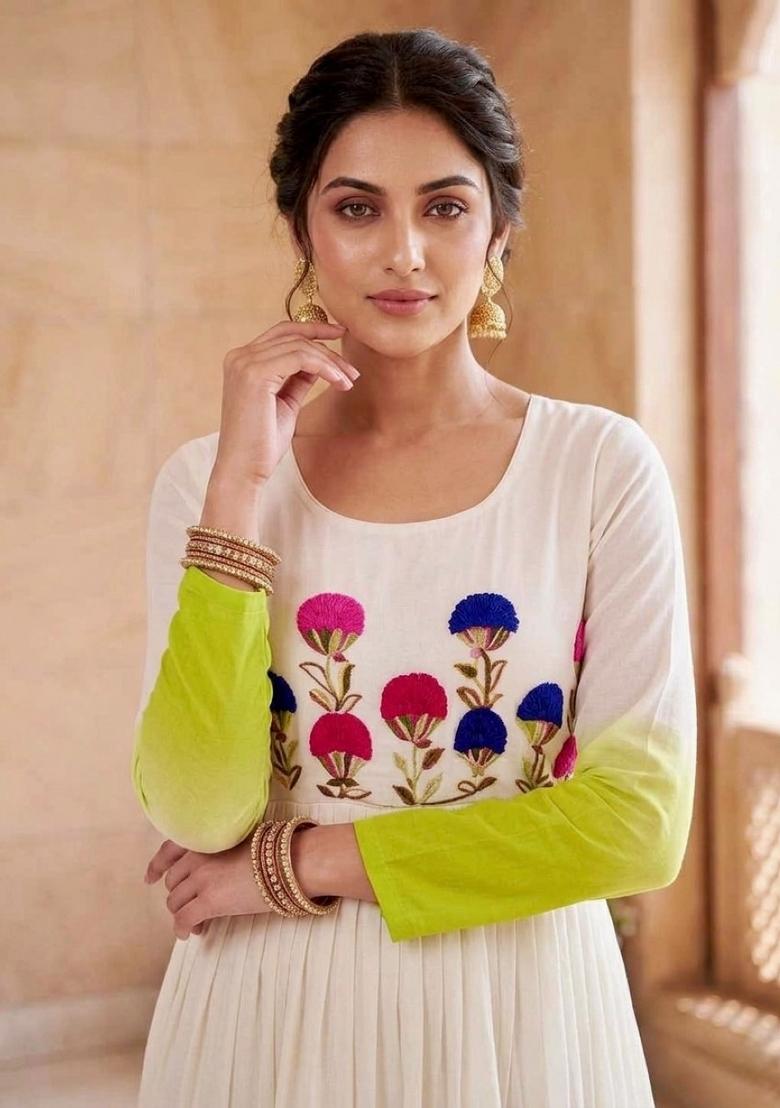 Green Embroidered Georgette Anarkali - Indya
