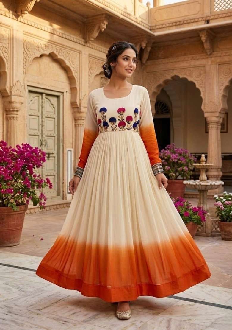 Orange Embroidered Georgette Anarkali - Indya
