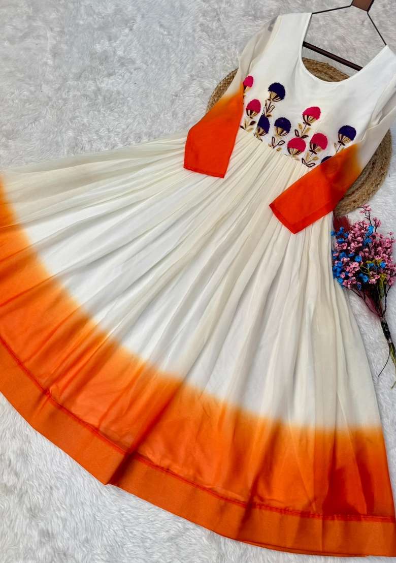 Orange Embroidered Georgette Anarkali - Indya