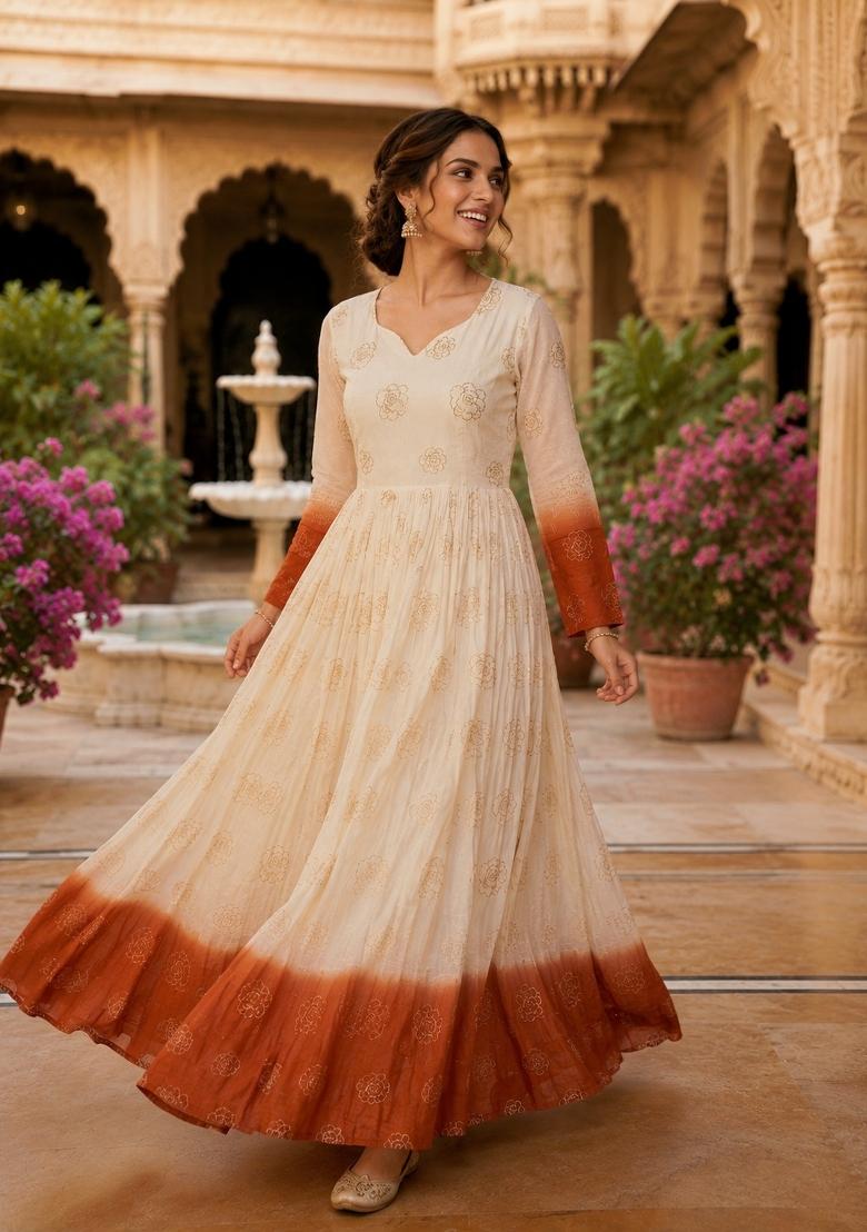 Brown Embroidered Silk Blend Anarkali - Indya