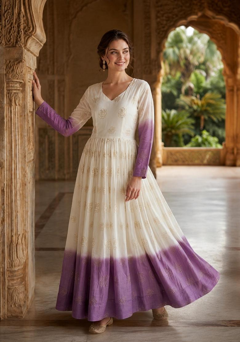 Lavender Embroidered Silk Blend Anarkali - Indya