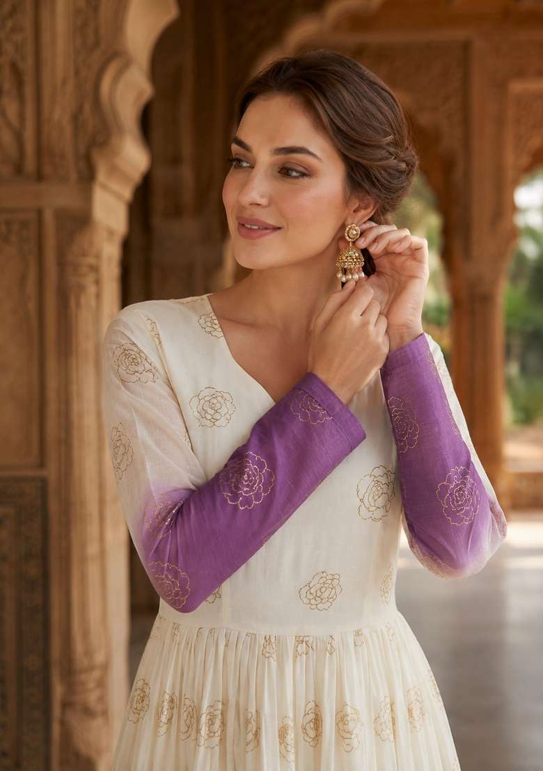 Lavender Embroidered Silk Blend Anarkali - Indya