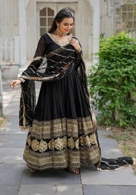 Black Embroidered Georgette Anarkali With Dupatta