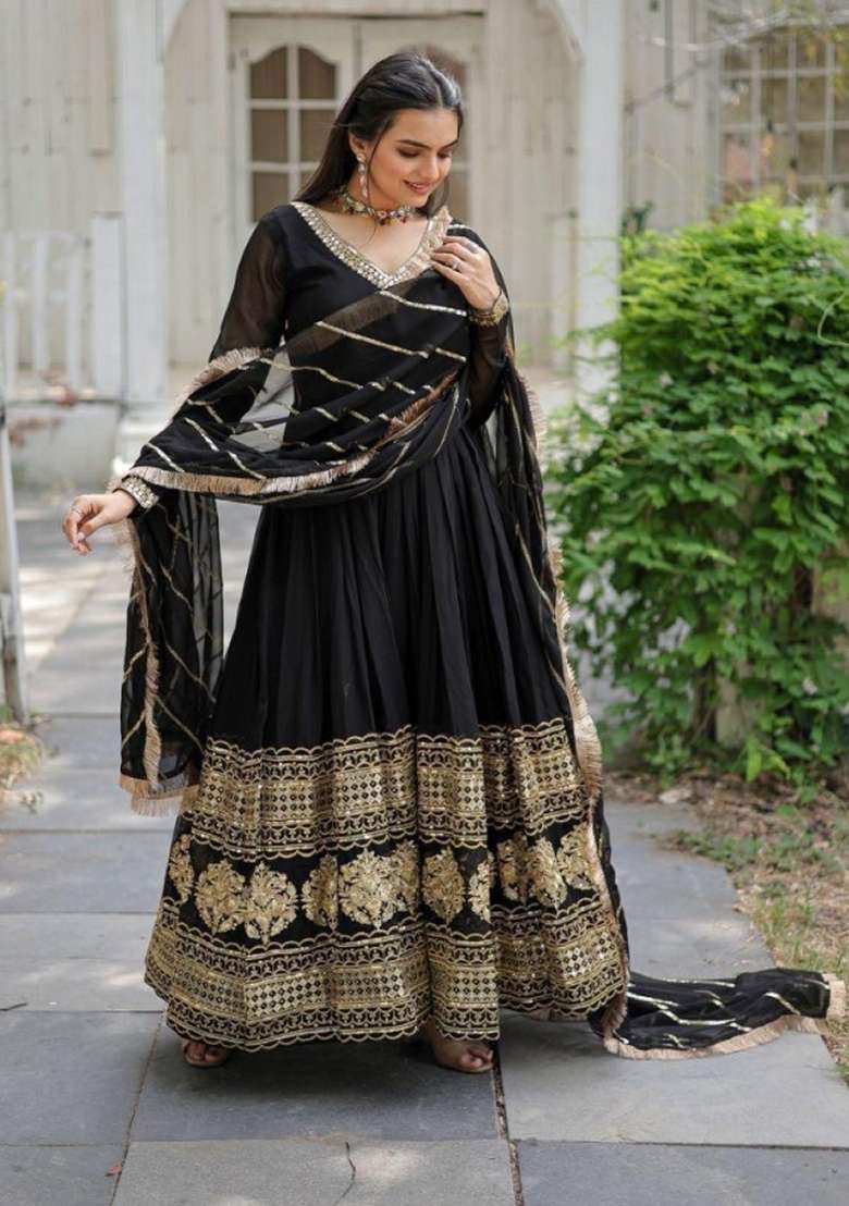 Black Embroidered Georgette Anarkali With Dupatta - Indya