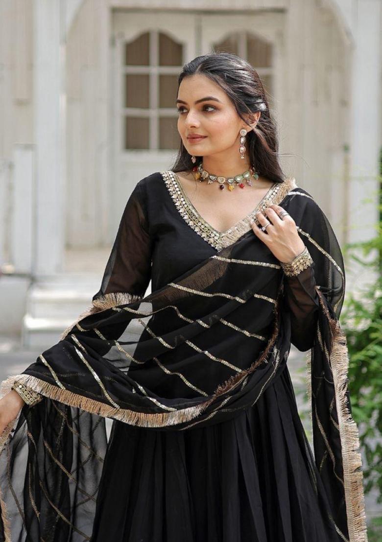 Black Embroidered Georgette Anarkali With Dupatta - Indya