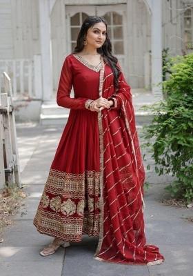 Maroon Embroidered Georgette Anarkali With Dupatta