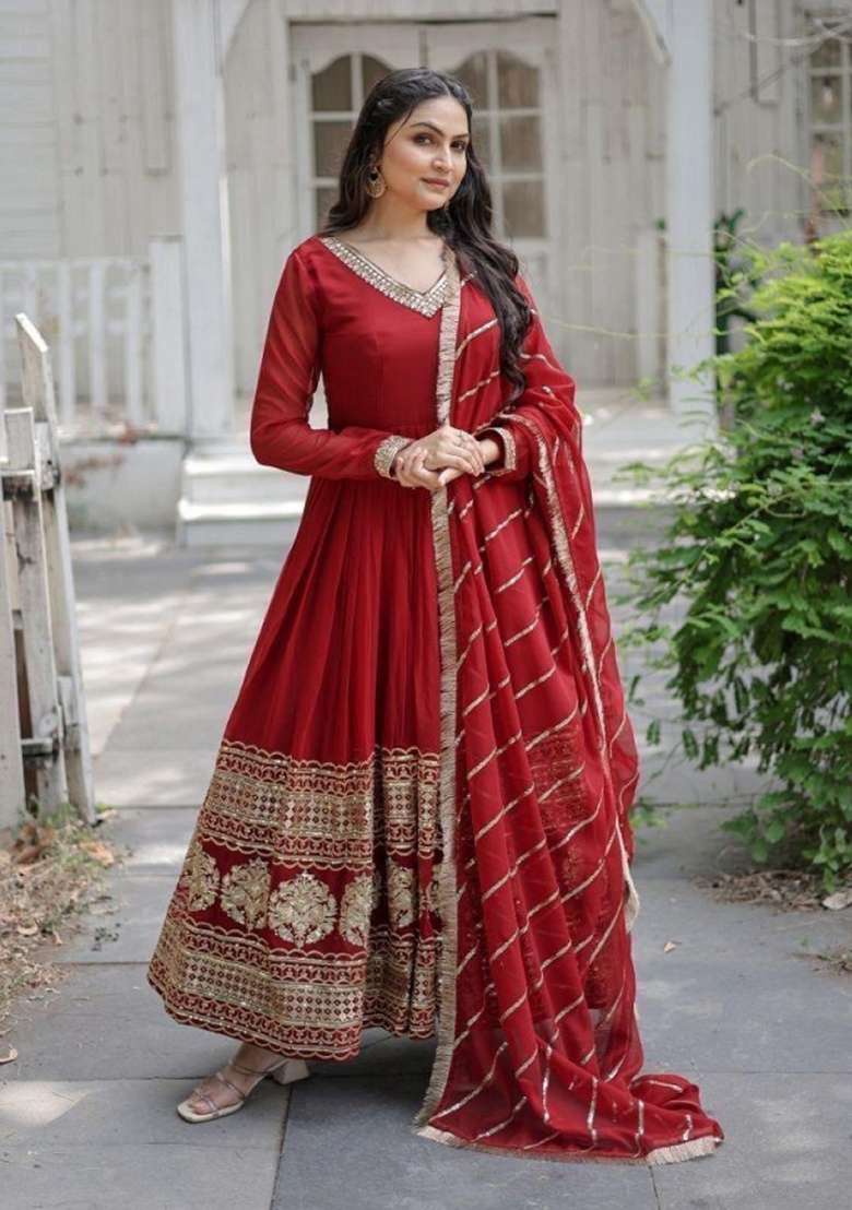 Maroon Embroidered Georgette Anarkali With Dupatta - Indya