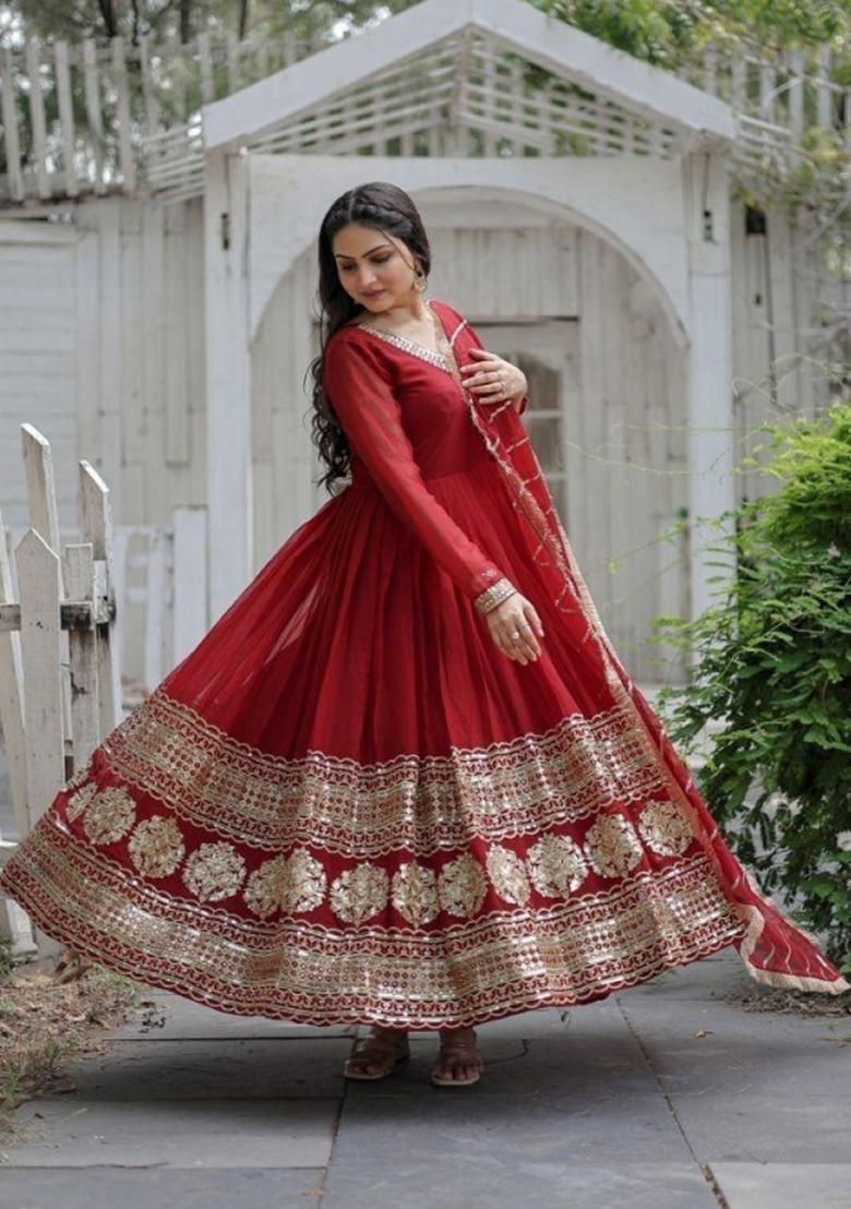 Maroon Embroidered Georgette Anarkali With Dupatta - Indya