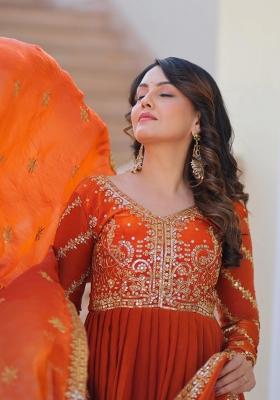 Orange Embroidered Silk Blend Anarkali With Dupatta
