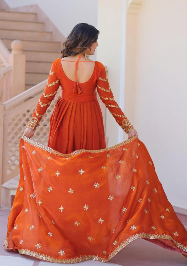 Orange Embroidered Silk Blend Anarkali With Dupatta - Indya