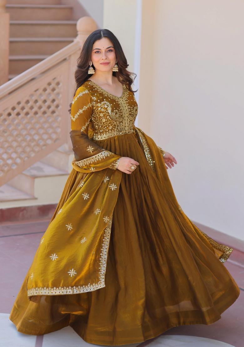 Mehendi Green Embroidered Silk Blend Anarkali With Dupatta - Indya