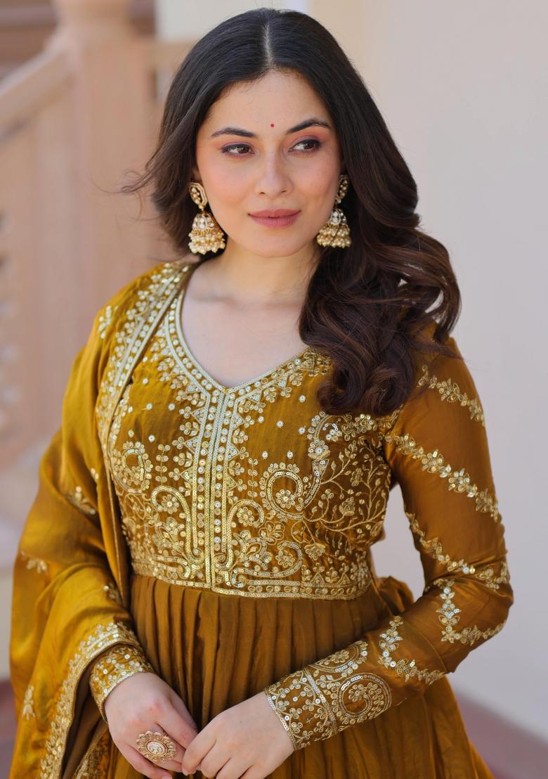 Mehendi Green Embroidered Silk Blend Anarkali With Dupatta - Indya