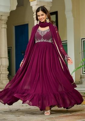 Purple Embroidered Georgette Anarkali With Dupatta