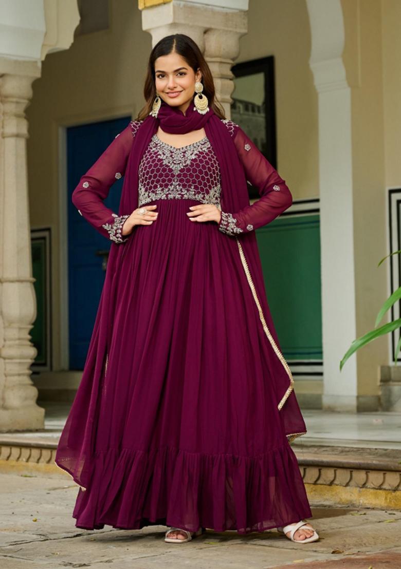 Purple Embroidered Georgette Anarkali With Dupatta - Indya