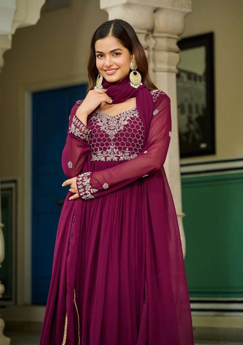 Purple Embroidered Georgette Anarkali With Dupatta - Indya