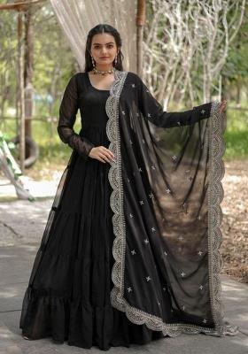 Black Embroidered Georgette Anarkali With Dupatta