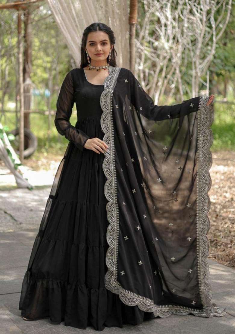 Black Embroidered Georgette Anarkali With Dupatta - Indya
