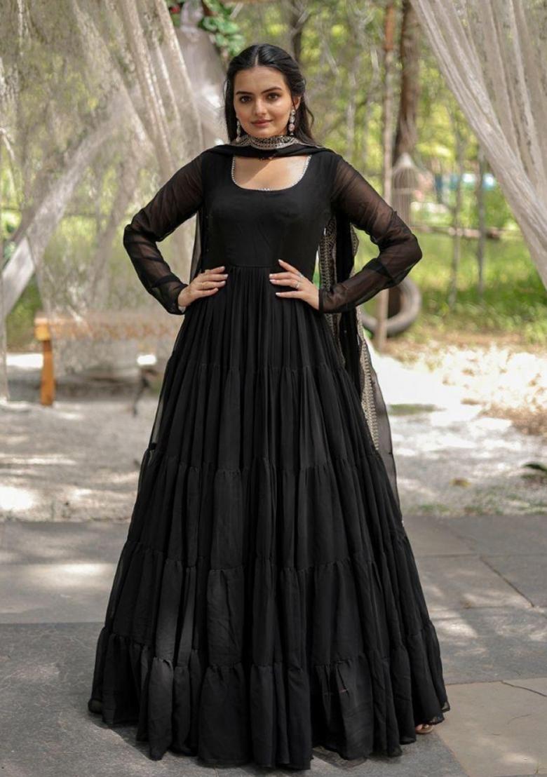 Black Embroidered Georgette Anarkali With Dupatta - Indya