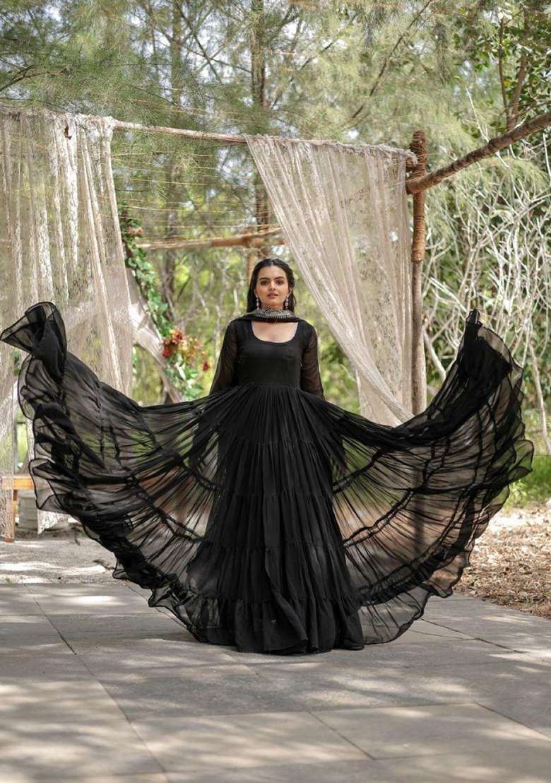Black Embroidered Georgette Anarkali With Dupatta - Indya