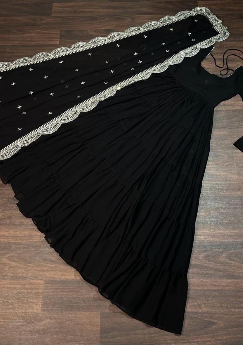 Black Embroidered Georgette Anarkali With Dupatta - Indya