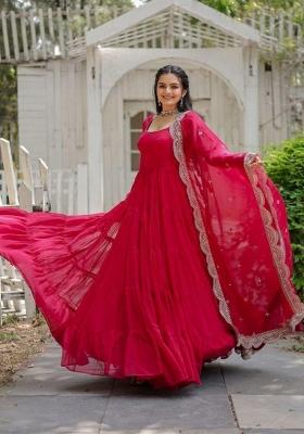 Red Embroidered Georgette Anarkali With Dupatta
