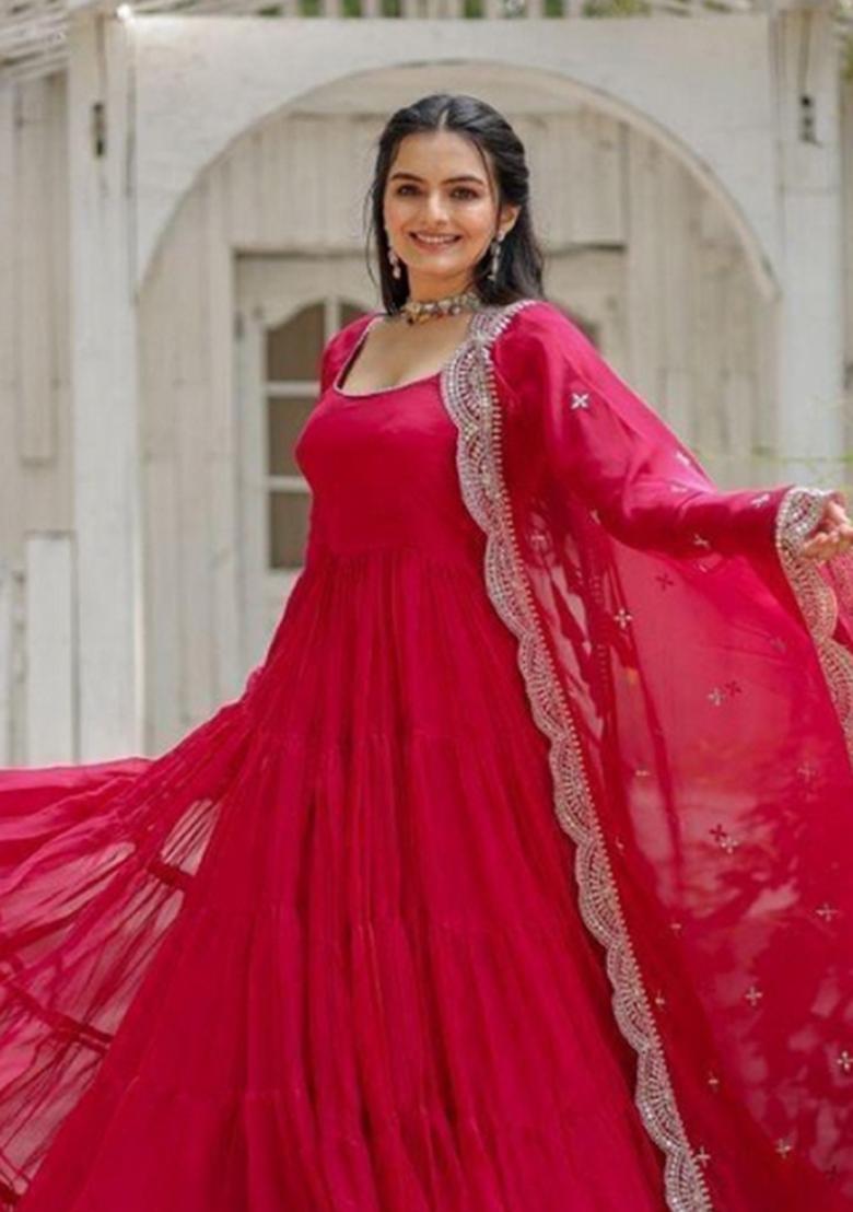 Red Embroidered Georgette Anarkali With Dupatta - Indya