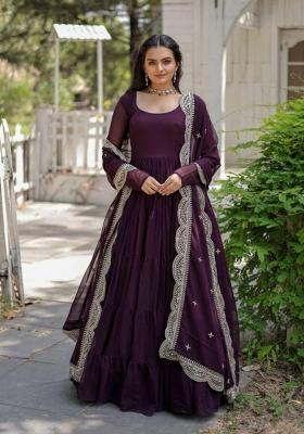 Purple Embroidered Georgette Anarkali With Dupatta