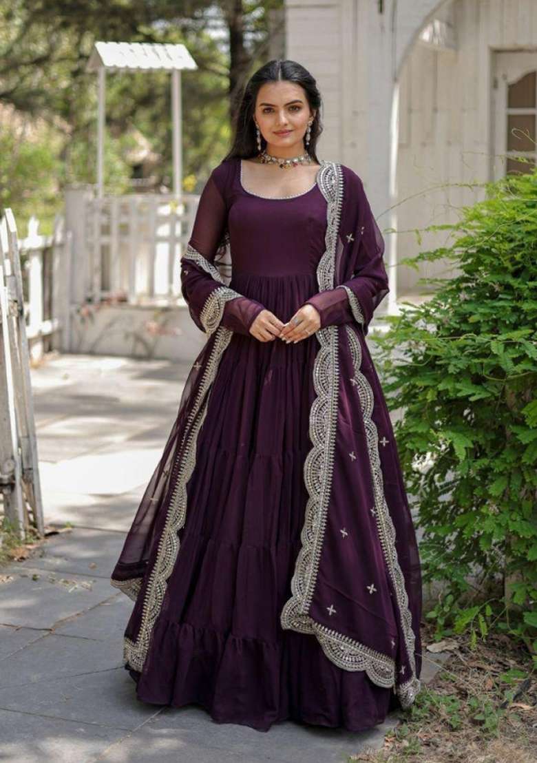 Purple Embroidered Georgette Anarkali With Dupatta - Indya