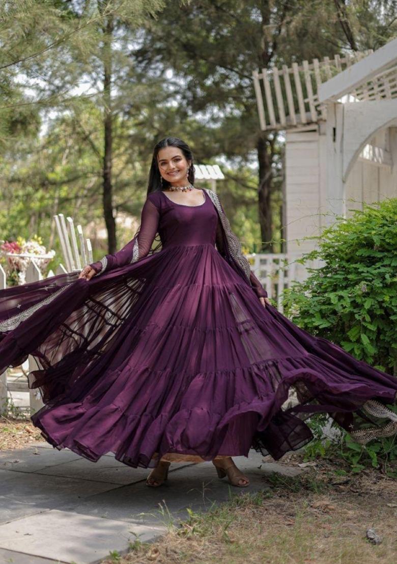 Purple Embroidered Georgette Anarkali With Dupatta - Indya