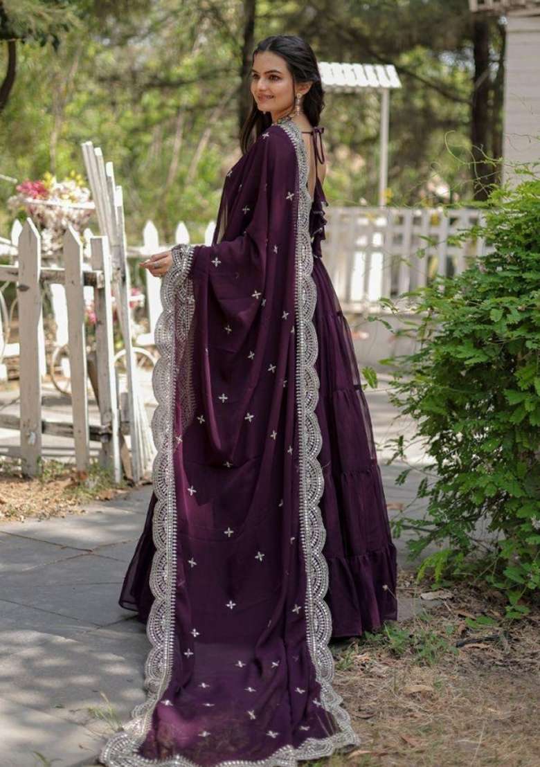 Purple Embroidered Georgette Anarkali With Dupatta - Indya