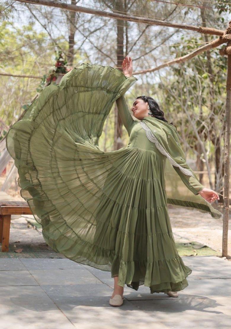 Sea Green Embroidered Georgette Anarkali With Dupatta - Indya