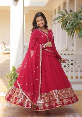 Red Embroidered Georgette Anarkali With Dupatta