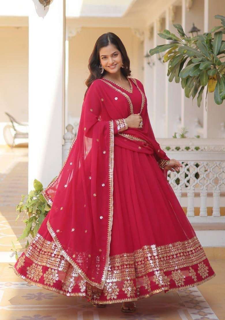 Red Embroidered Georgette Anarkali With Dupatta - Indya