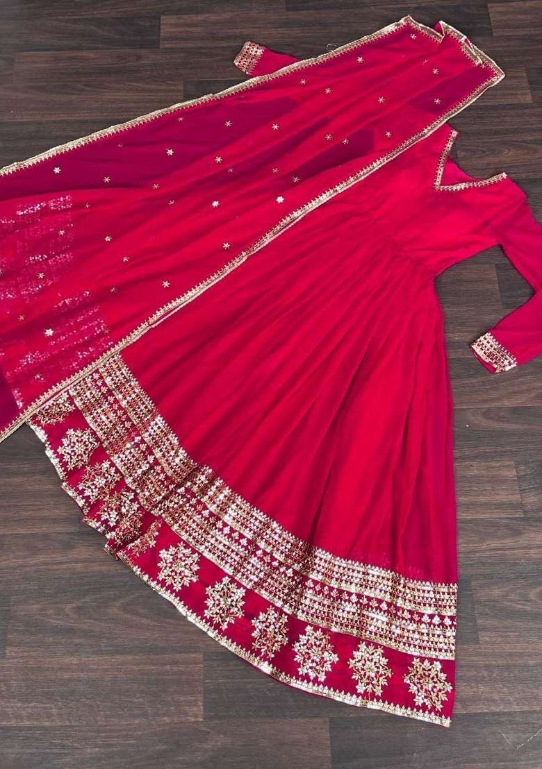 Red Embroidered Georgette Anarkali With Dupatta - Indya
