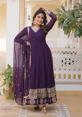 Purple Embroidered Georgette Anarkali With Dupatta