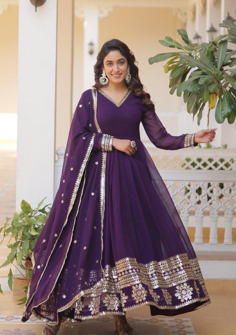 Purple Embroidered Georgette Anarkali With Dupatta - Indya