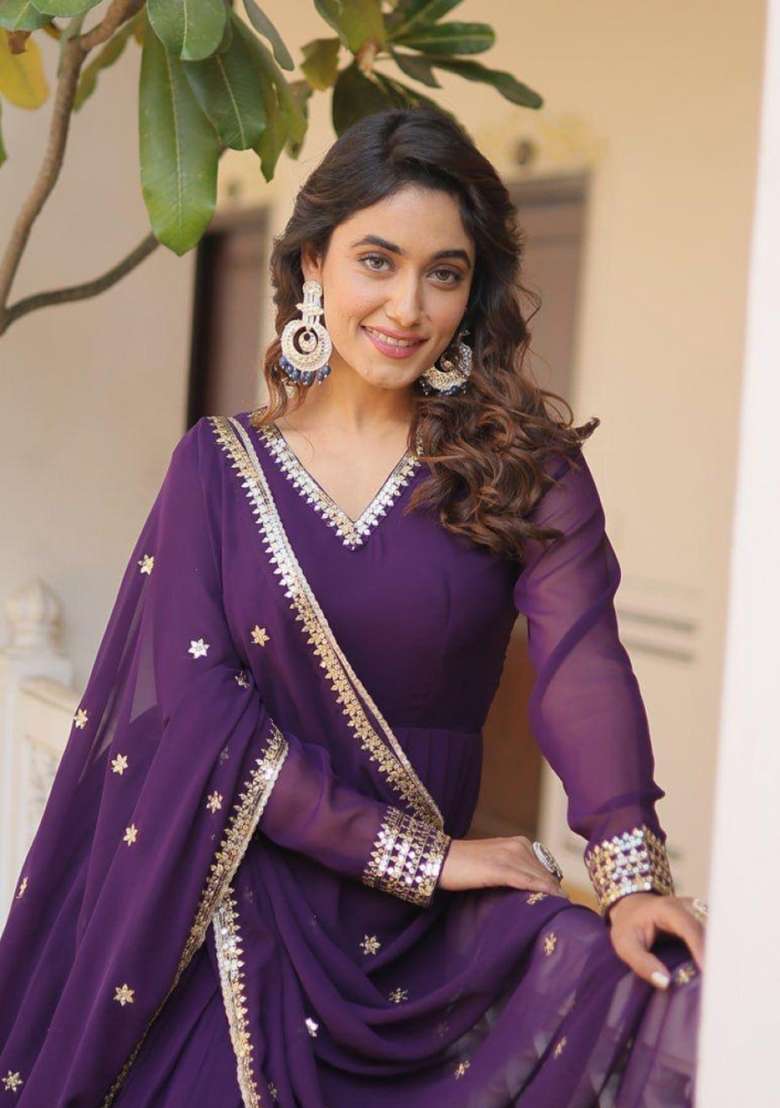 Purple Embroidered Georgette Anarkali With Dupatta - Indya