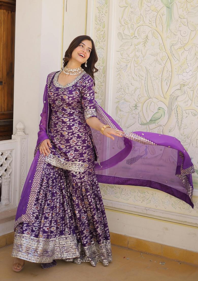 Purple Embroidered Viscose Kurta Set - Indya