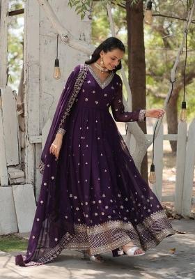 Purple Embroidered Georgette Anarkali With Dupatta